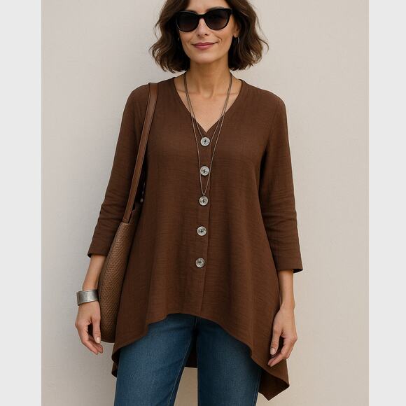 NICHE Nilgun Derman Lagenlook Brown Long Sleeve Swing Button-up Jacket - Sz S - Picture 1 of 7